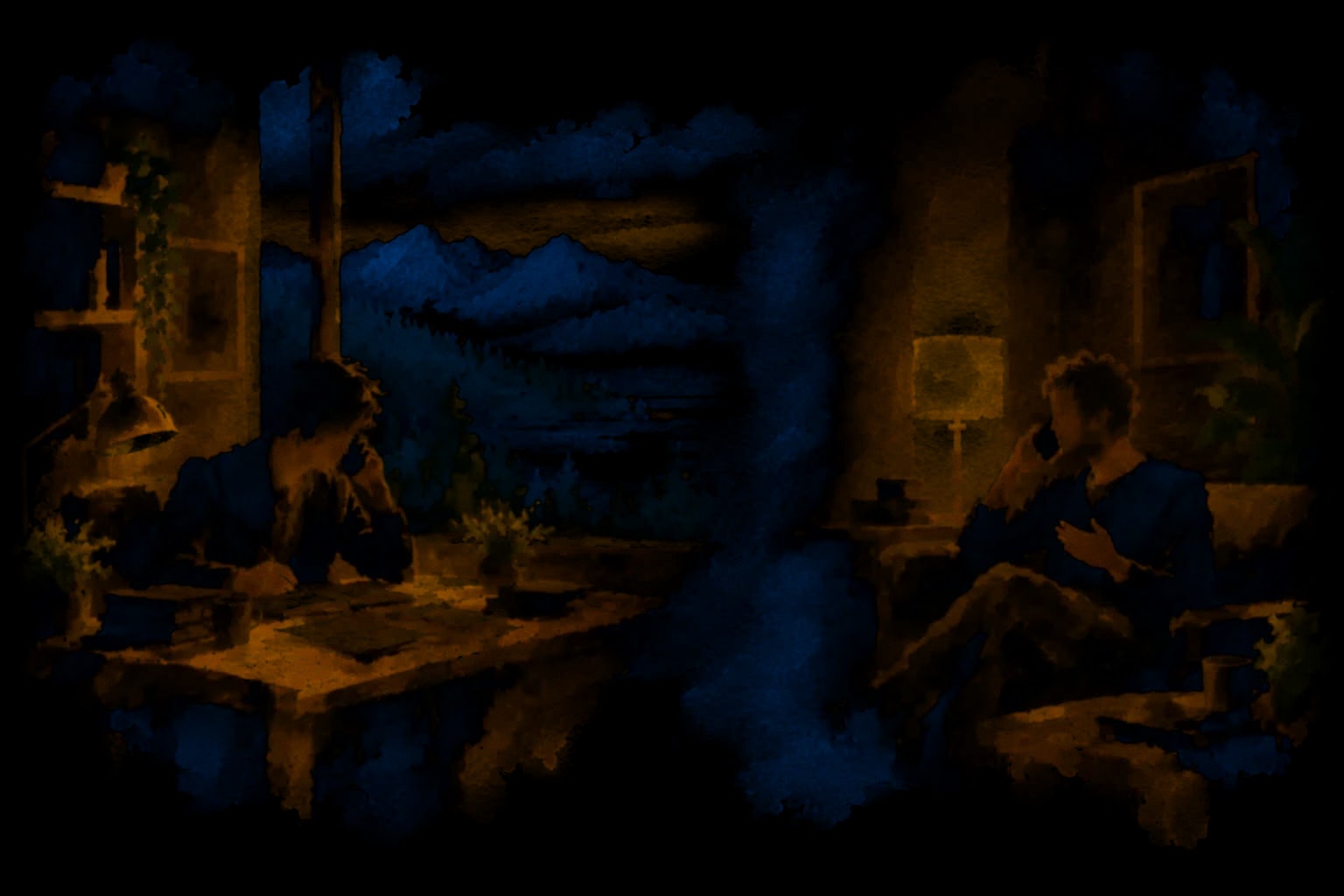 Watercolor of a recruiter taking notes on a phone call with a candidate in another room.